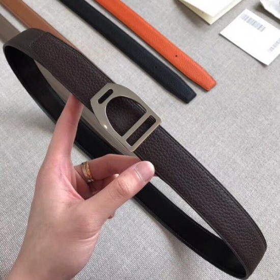 Replica Hermes Etrier Cintura con fibbia Cinturino Clemence 32 mm cioccolato