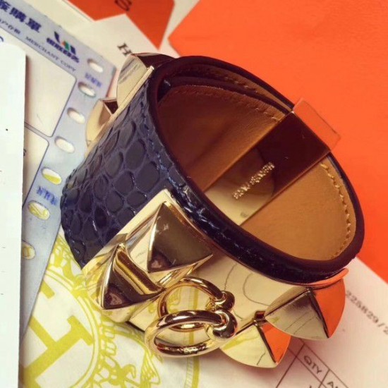 Replica Bracciale Hermes Collier de Chien in alligatore blu scuro taglia S