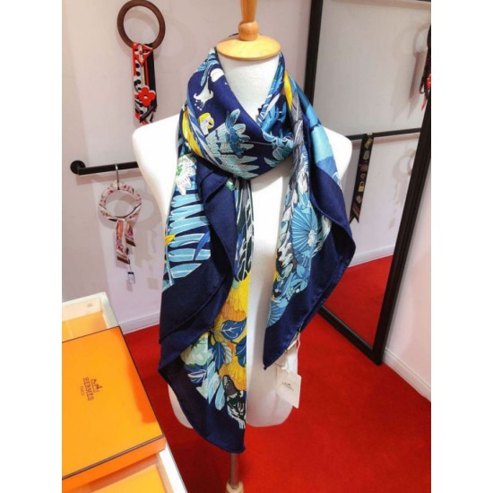 Replica Scialle in seta cashmere paesaggio Hermes 140 blu
