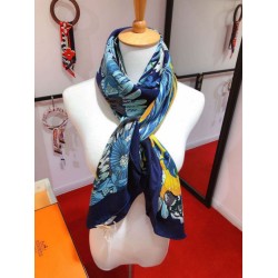 Replica Scialle in seta cashmere paesaggio Hermes 140 blu