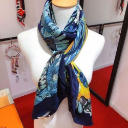 Replica Scialle in seta cashmere paesaggio Hermes 140 blu