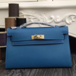Replica Borse Hermes Kelly Mini Pochette in pelle blu Epsom