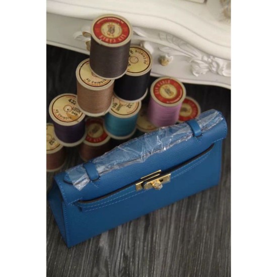Replica Borse Hermes Kelly Mini Pochette in pelle blu Epsom