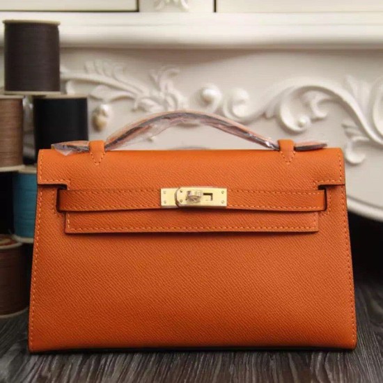 Replica Borse Hermes Kelly Pochette in pelle arancione Epsom