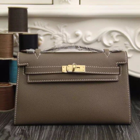 Replica Borse Hermes Kelly Pochette in pelle Etain Epsom