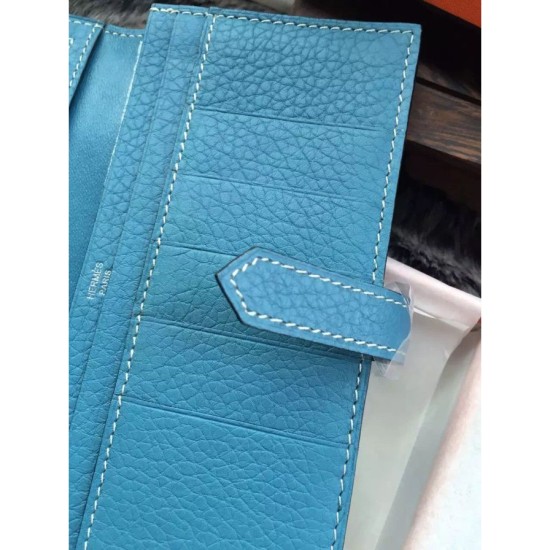 Replica Hermes Bearn Portafoglio In Blue Jean pelle