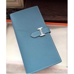 Replica Hermes Bearn Portafoglio in pelle blu Jean Epsom