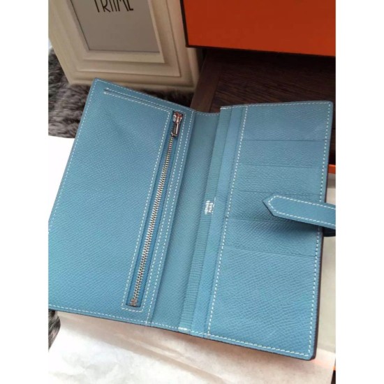 Replica Hermes Bearn Portafoglio in pelle blu Jean Epsom