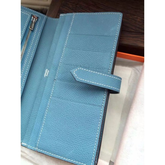 Replica Hermes Bearn Portafoglio in pelle blu Jean Epsom