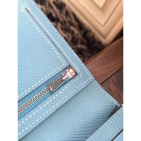Replica Hermes Bearn Portafoglio in pelle blu Jean Epsom