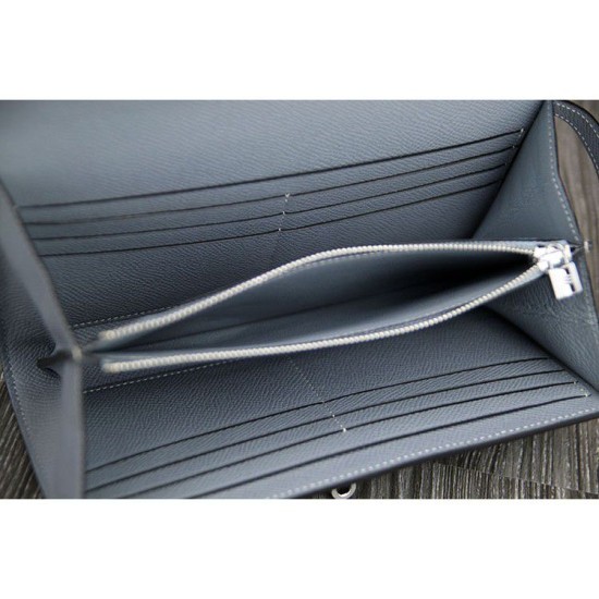 Replica Hermes Kelly Longue Portafoglio in pelle blu Lin Epsom