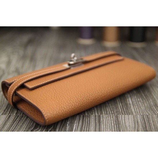 Replica Hermes Kelly Longue Portafoglio in pelle marrone Clemence