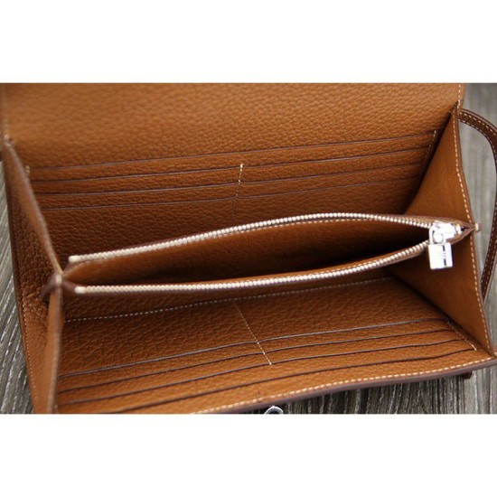 Replica Hermes Kelly Longue Portafoglio in pelle marrone Clemence