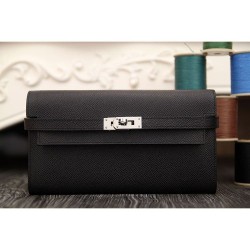 Replica Hermes Kelly Longue Portafoglio in pelle nera Epsom