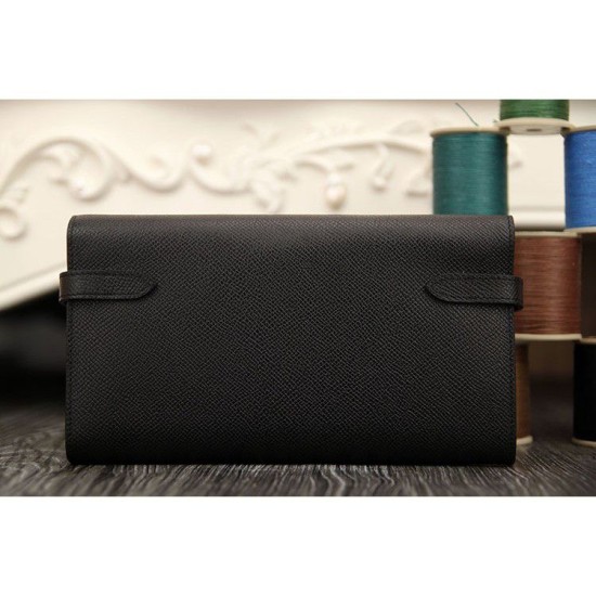 Replica Hermes Kelly Longue Portafoglio in pelle nera Epsom
