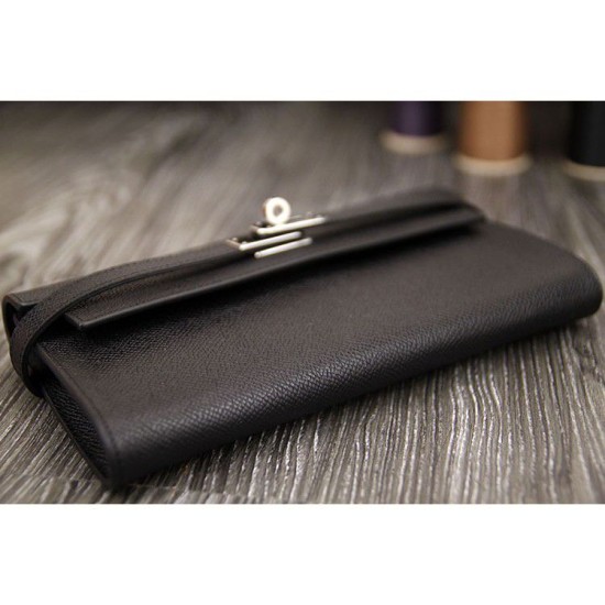 Replica Hermes Kelly Longue Portafoglio in pelle nera Epsom