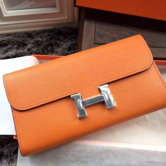Replica Portafoglio Hermes Costanza a lungo in pelle arancione Epsom
