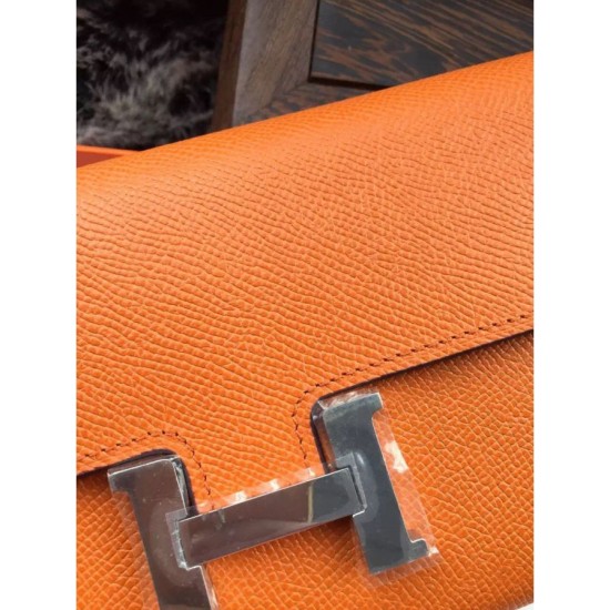 Replica Portafoglio Hermes Costanza a lungo in pelle arancione Epsom