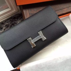 Replica Portafoglio Hermes Costanza a lungo in pelle nera Epsom