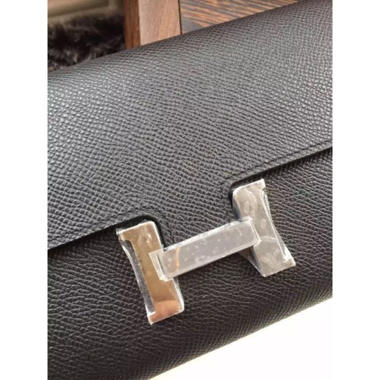 Replica Portafoglio Hermes Costanza a lungo in pelle nera Epsom