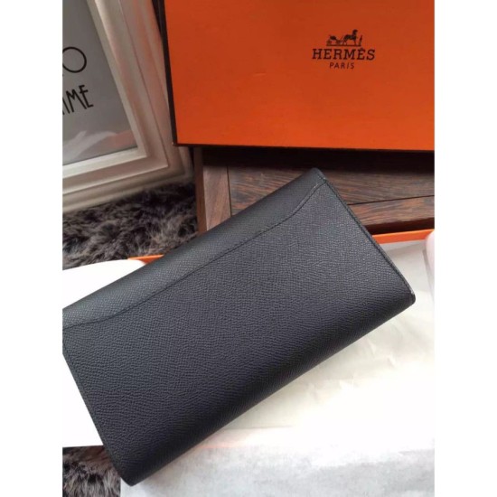 Replica Portafoglio Hermes Costanza a lungo in pelle nera Epsom
