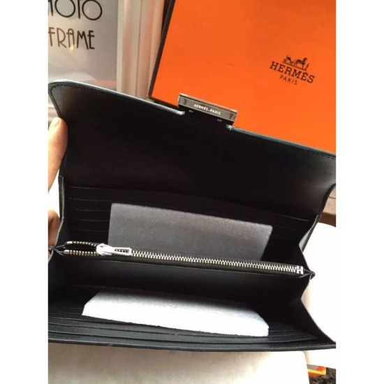 Replica Portafoglio Hermes Costanza a lungo in pelle nera Epsom