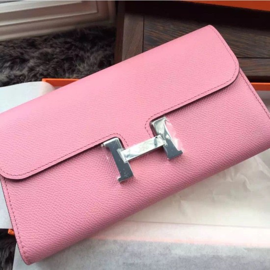 Replica Portafoglio Hermes Costanza a lungo in pelle rosa Epsom