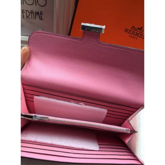 Replica Portafoglio Hermes Costanza a lungo in pelle rosa Epsom