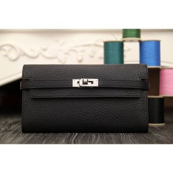 Replica Portafoglio Hermes Kelly Longue in pelle nera Clemence