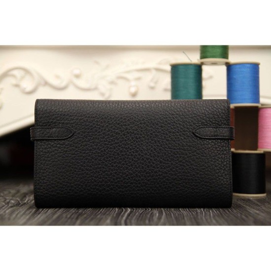 Replica Portafoglio Hermes Kelly Longue in pelle nera Clemence