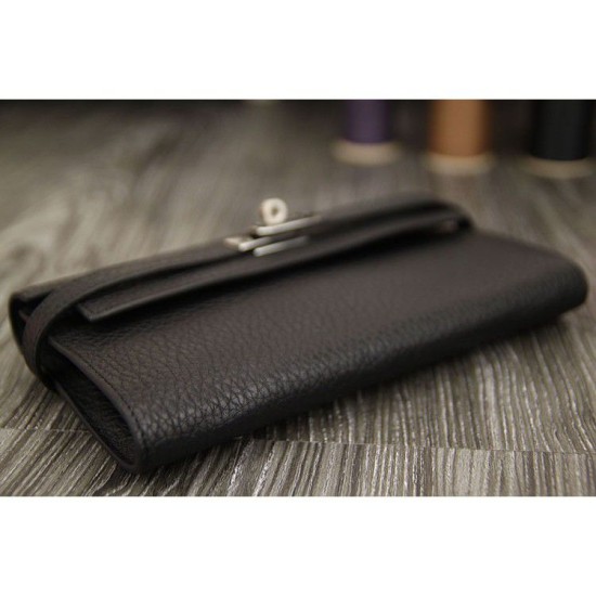 Replica Portafoglio Hermes Kelly Longue in pelle nera Clemence