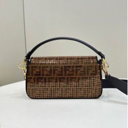 Replica Borsa Fendi Baguette Medium FF in tessuto jacquard con paillettes Marrone