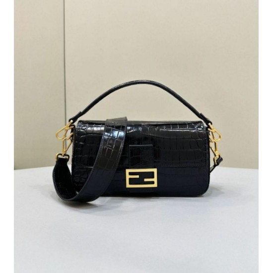 Replica Borsa Baguette Media Fendi 8BR600 Coccodrillo Nero