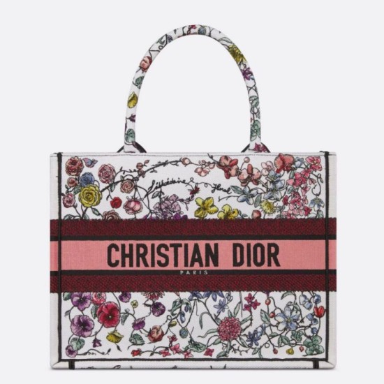 Replica Borsa tote media Dior Book Tote multicolore con ricamo Florilegio bianco