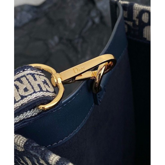 Replica Christian Dior Borsa tote media Dior Book Blu scuro Ricami Dior Oblique e pelle di vitello