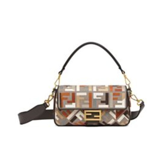 Replica Fendi Baguette Borsa Media Motivo FF Ricamato Multicolor 8BR600 Caffè