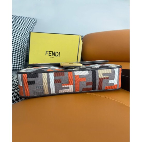 Replica Fendi Baguette Borsa Media Motivo FF Ricamato Multicolor 8BR600 Caffè