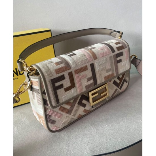 Replica Borsa Baguette Media Fendi Motivo FF Ricamato Multicolor 8BR600 Grigio