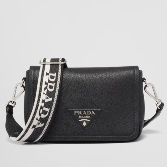 Replica Borsa a tracolla Prada con patta nera granulata