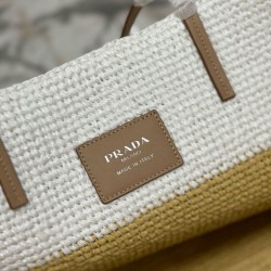 Replica Prada Borsa tote grande Prada all'uncinetto in filato effetto rafia Beige/Bianco