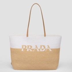 Replica Prada Borsa tote grande Prada all'uncinetto in filato effetto rafia Beige/Bianco