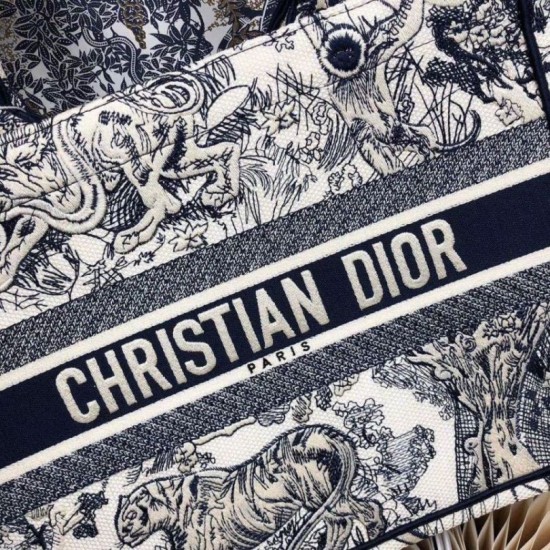 Replica Borsa tote Dior piccola a libro Toile De Jouy con motivo tela blu