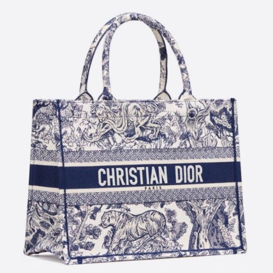 Replica Borsa tote Dior piccola a libro Toile De Jouy con motivo tela blu