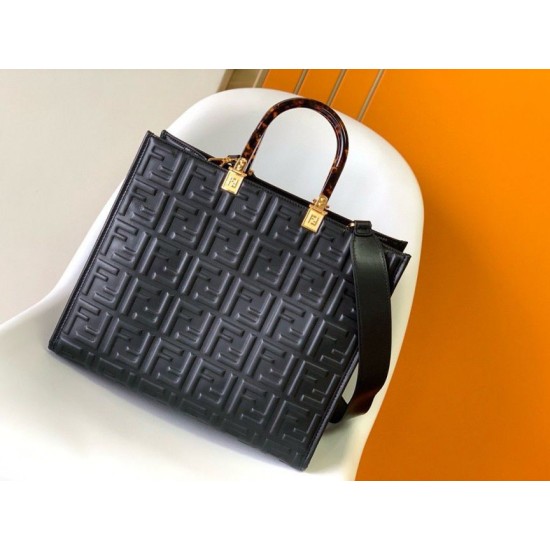 Replica Borsa shopper Fendi Sunshine piccola/media con motivo FF in rilievo 3D-Texture Nera