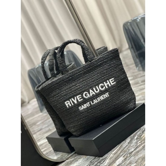 Replica Borsa tote YSL Saint Laurent Rive Gauche all'uncinetto in rafia nera
