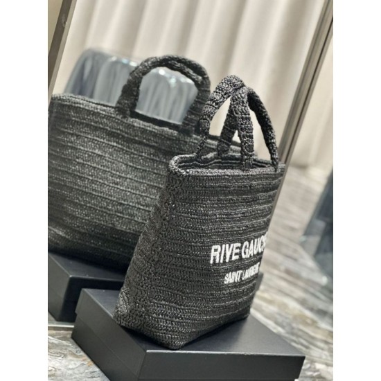 Replica Borsa tote YSL Saint Laurent Rive Gauche all'uncinetto in rafia nera