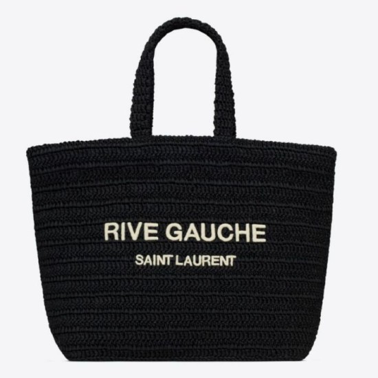 Replica Borsa tote YSL Saint Laurent Rive Gauche all'uncinetto in rafia nera