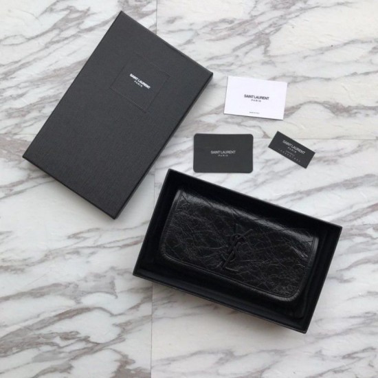 Replica Portafoglio grande YSL Saint Laurent Niki in pelle nera increspata vintage
