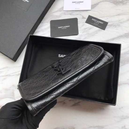 Replica Portafoglio grande YSL Saint Laurent Niki in pelle nera increspata vintage