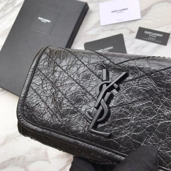 Replica Portafoglio grande YSL Saint Laurent Niki in pelle nera increspata vintage